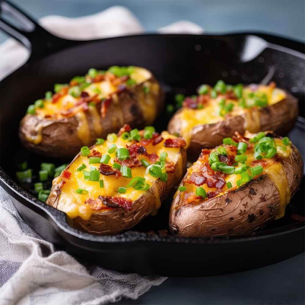 Cartofi umpluți cu brânză și bacon