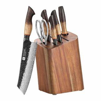 Set de cuțite de bucătărie din oțel damasc Xinzuo X06 și suport